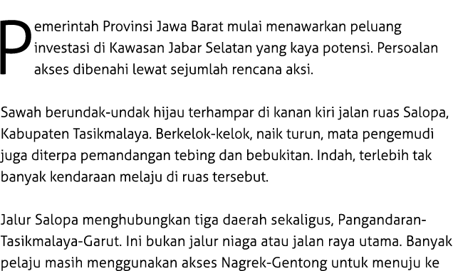 Pemerintah Provinsi Jawa Barat mulai menawarkan peluang investasi di Kawasan Jabar Selatan yang kaya potensi. Persoal...