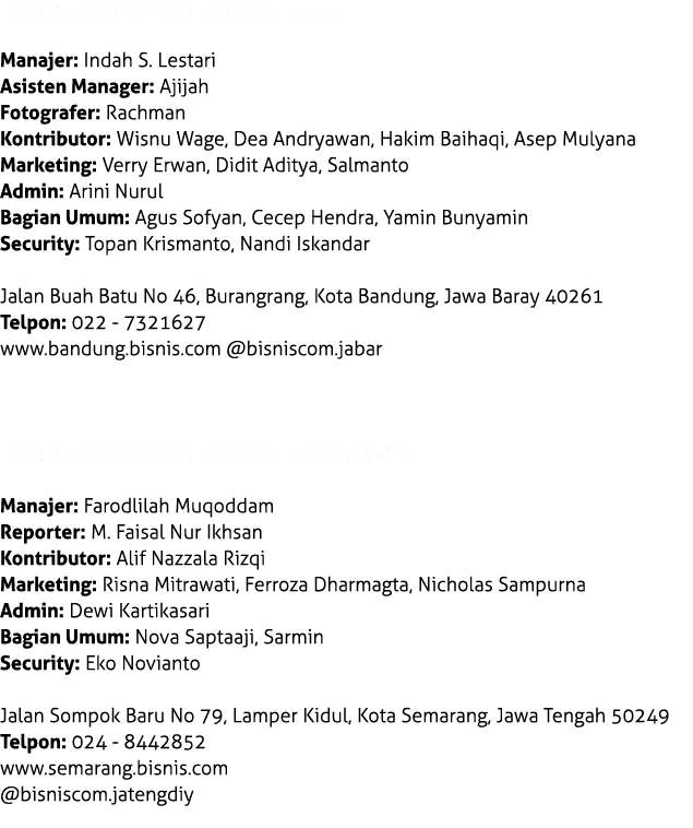 Bisnis Indonesia Perwakilan Jabar Manajer: Indah S. Lestari Asisten Manager: Ajijah Fotografer: Rachman Kontributor: ...
