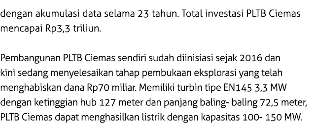 dengan akumulasi data selama 23 tahun. Total investasi PLTB Ciemas mencapai Rp3,3 triliun. Pembangunan PLTB Ciemas s...