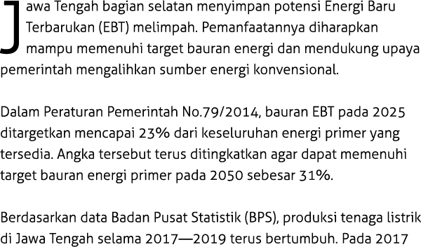 Jawa Tengah bagian selatan menyimpan potensi Energi Baru Terbarukan (EBT) melimpah. Pemanfaatannya diharapkan mampu m...